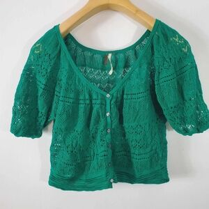 Free People Green Open Knit Button-up V Neck Short Sleeve Top size  S